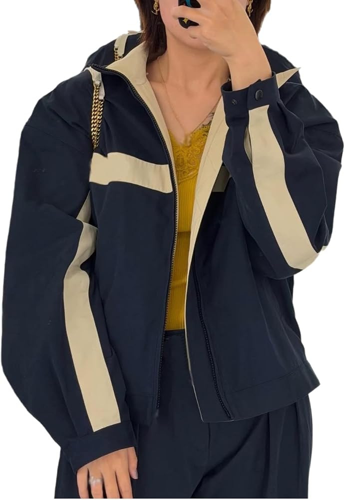 Women's Jackets Long Sleeve Zip Up Color Block Loose Fit Collared Jackets Casual Outfit | Amazon (US)