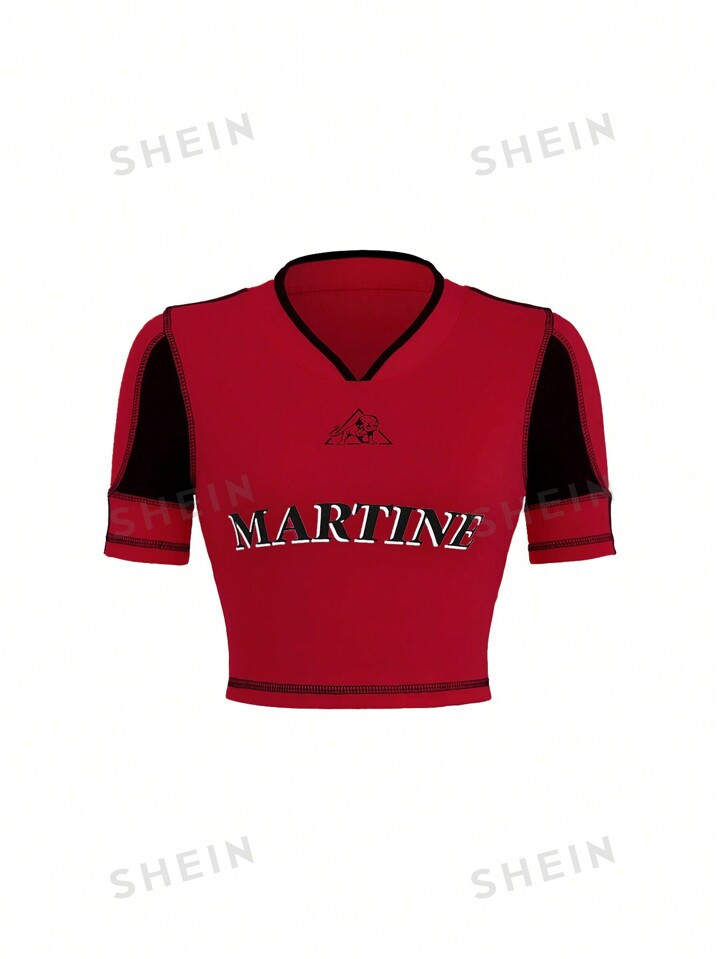 SHEIN ICON V-Neck Colorblock Trim Letter Print Short Sleeve T-Shirt | SHEIN