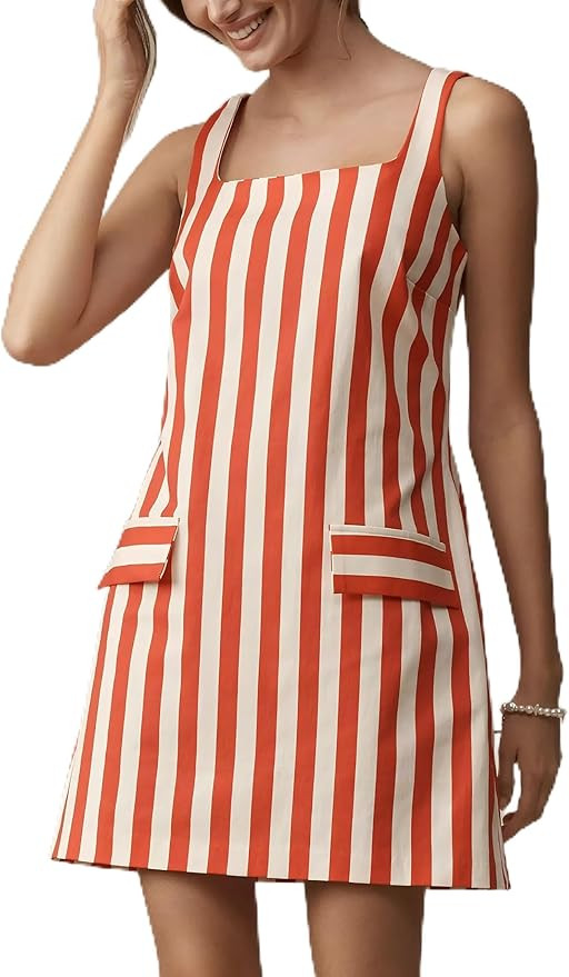 Striped Mini Dress for Women Square Neck Sleeveless Casual Summer A Line Short Sundress for Beach... | Amazon (US)