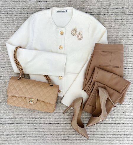 Business casual spring workwear with lady sweater jacket in cream paired with tan trousers and pumps for a classic look. Easy to style and flattering on! Can be dressed down for date night, too

#LTKStyleTip #LTKSeasonal #LTKWorkwear
