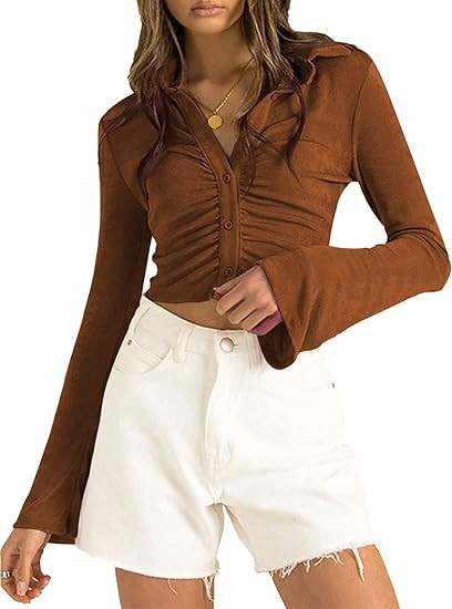 LYANER Women's Collar Button Down Ruched Long Sleeve Fitted Crop Tee Shirt Top | Amazon (US)