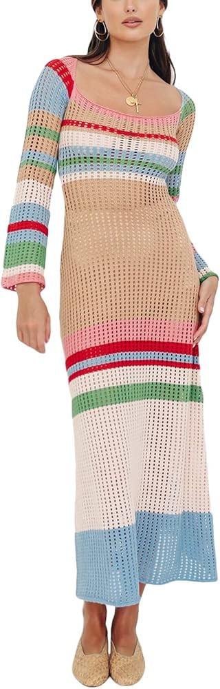 NUFIWI Women Ribbed Knit Maxi Dress Sleeveless Cutout Knitted Long Dress Crochet Backless Spaghet... | Amazon (US)