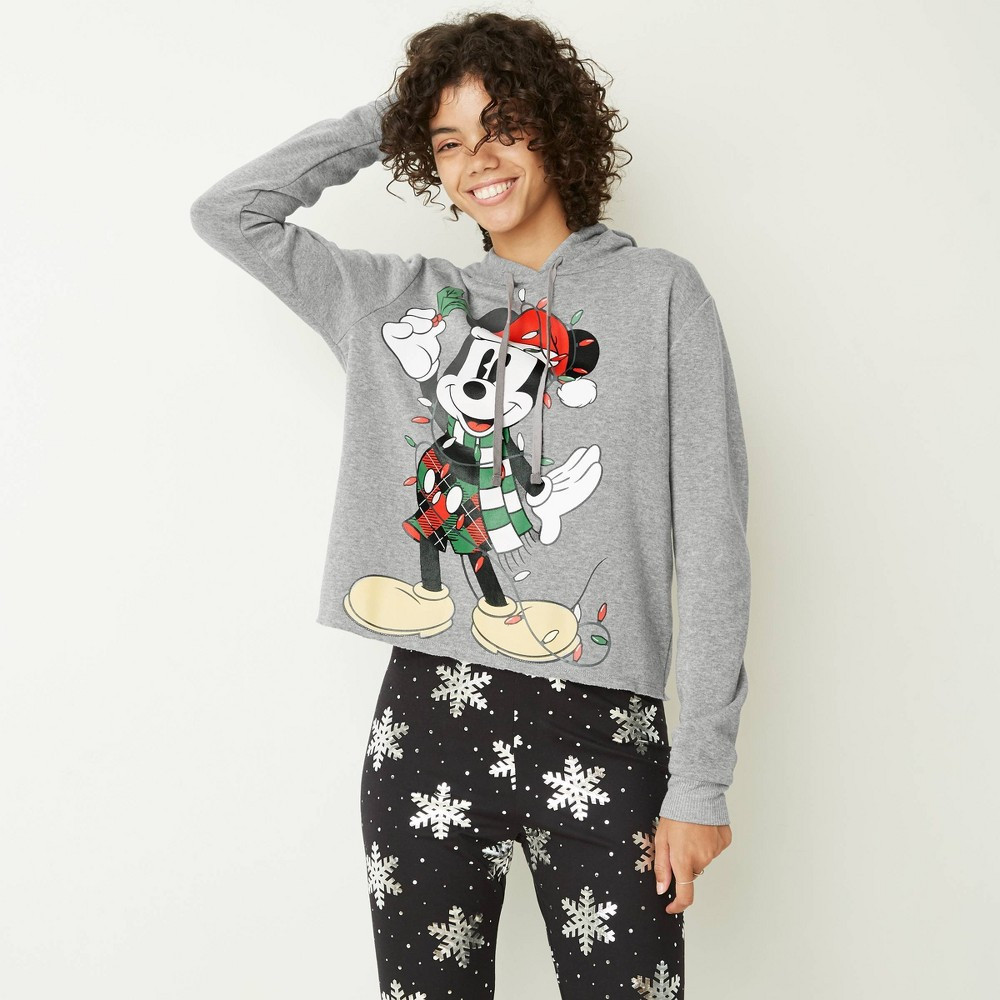 Women's Santa Mickey Ugly Holiday Hooded Sweatshirt - Heather Gray XL | Target