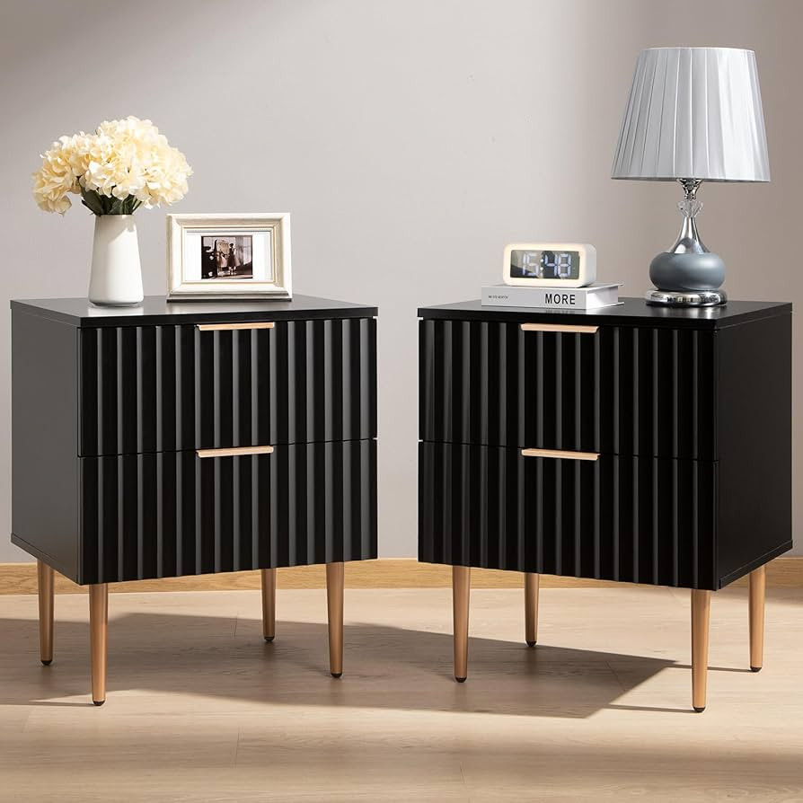 SICOTAS Black Night Stand Set 2, Wide Fluted Nightstand with 2 Drawers, Modern Glossy Storage Bed... | Amazon (US)