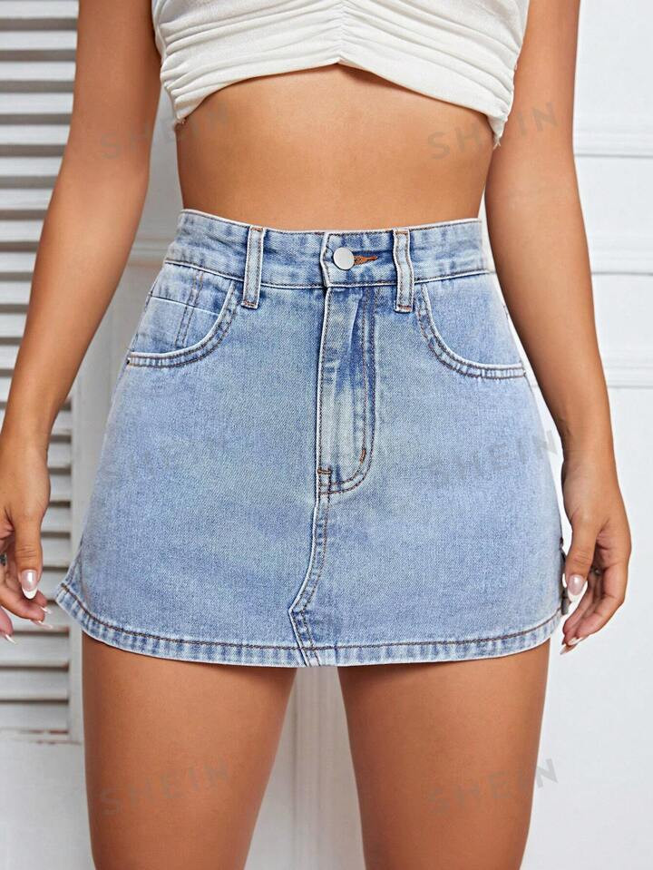 SHEIN EZwear High Waist Denim Skort | SHEIN USA | SHEIN
