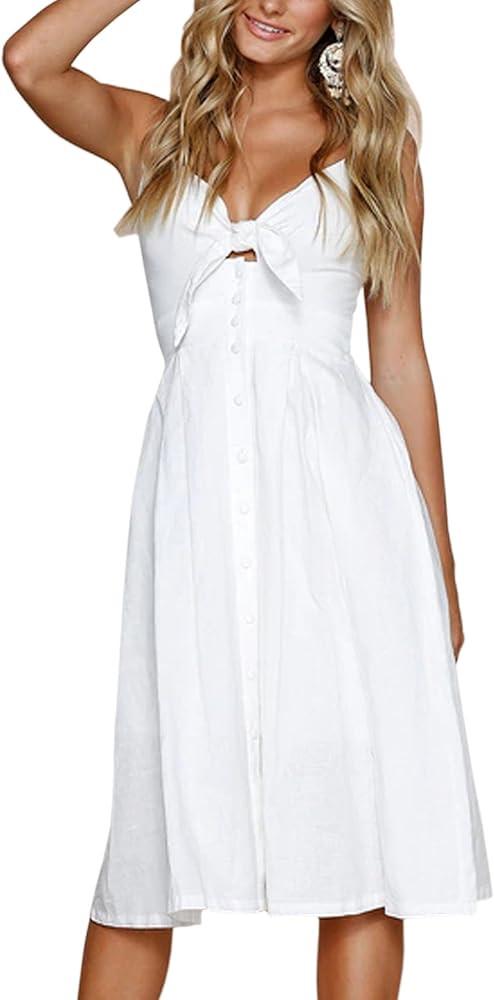ECOWISH Women Dresses Summer Tie Front V-Neck Spaghetti Strap Button Down A-Line Backless Swing M... | Amazon (US)