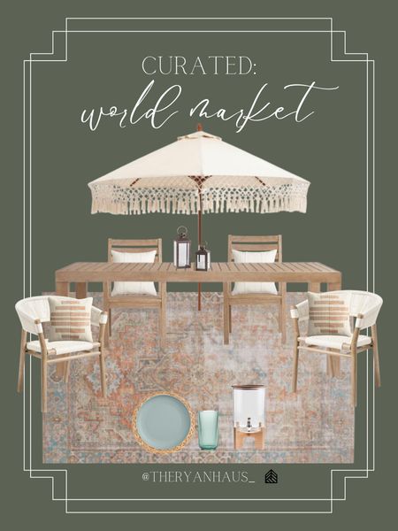 A curated world market outdoor dining collection! I love the natural wood of these dining furniture pieces, and they’re all affordable as well! 

Outdoor area rug, outdoor dining set, outdoor pillows, umbrella, outdoor dining dishes, lanterns, seasonal, home decor 

#LTKSeasonal #LTKstyletip #LTKhome