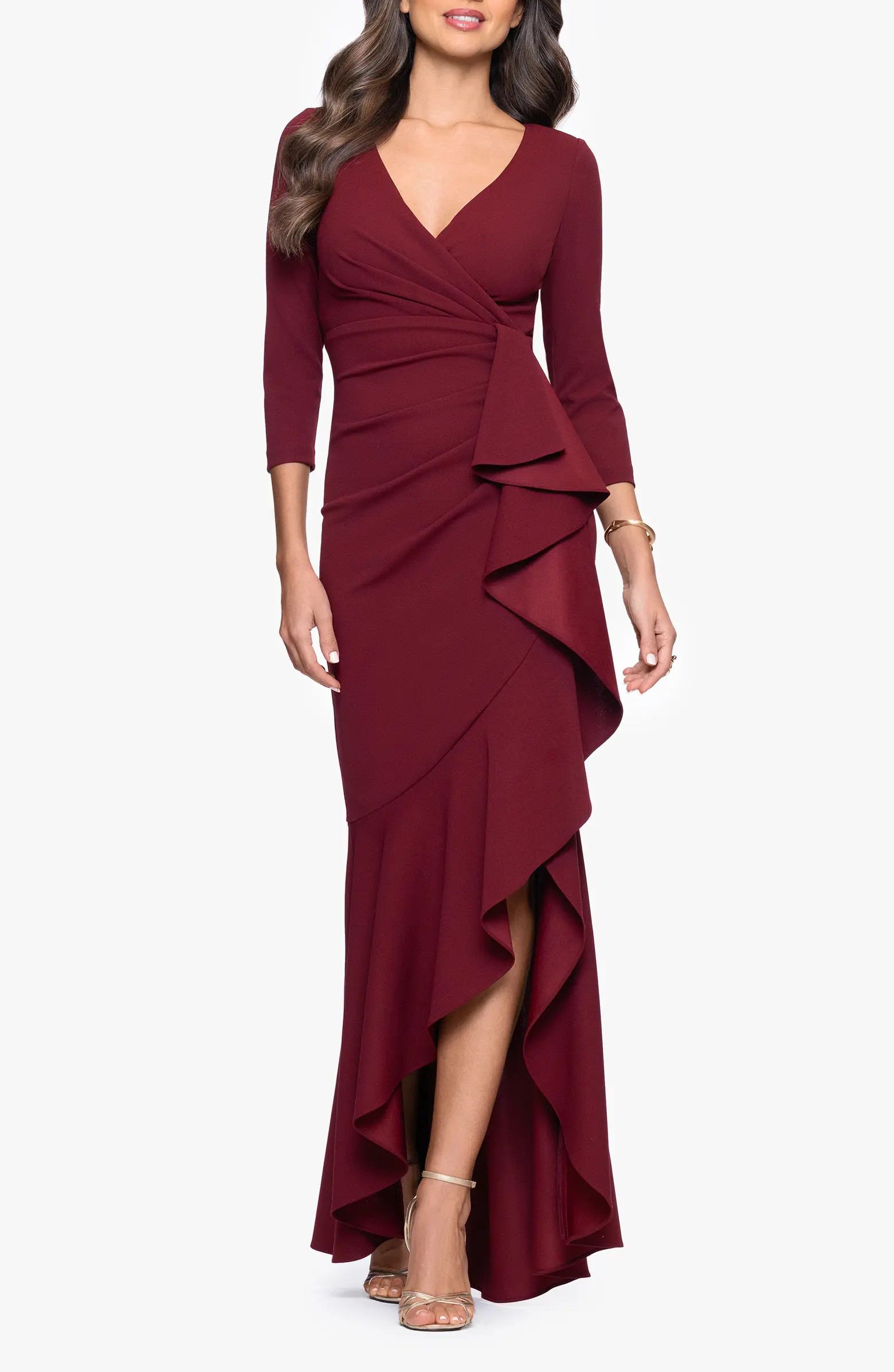 Ruffle Scuba Crepe Faux Wrap High-Low Mermaid Gown | Nordstrom