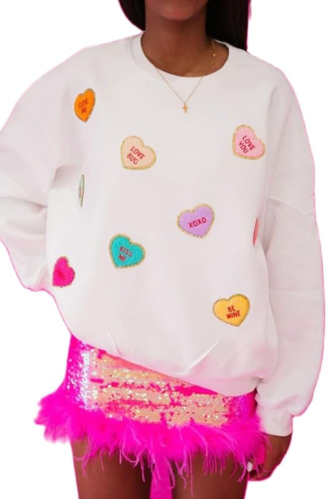 ROAONOCOMO Women Oversized Heart Print Sweatshirts Sequins Long Sleeve Pullovers Top Loose Fit Lo... | Amazon (US)