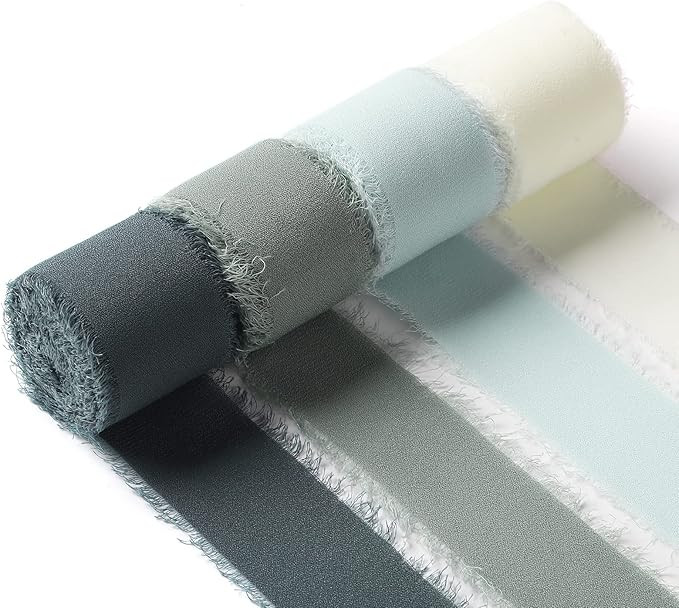 4 Rolls Handmade Fringe Chiffon Ribbon 1"W x 5Yd Per Roll,Blue & Cream Silk-Like Ribbons Set (1" ... | Amazon (US)