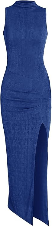 Women Sexy Semi Sheer Sleeveless Mock Turtleneck Jersey Ruched Thigh Slit Bodycon Maxi Dress for ... | Amazon (US)