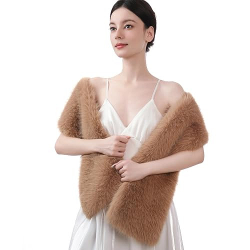 Dikoaina Women's Winter Fake Faux Fur Scarf Wrap Collar Shawl Shrug (Tan, 48"/125cm) | Amazon (US)