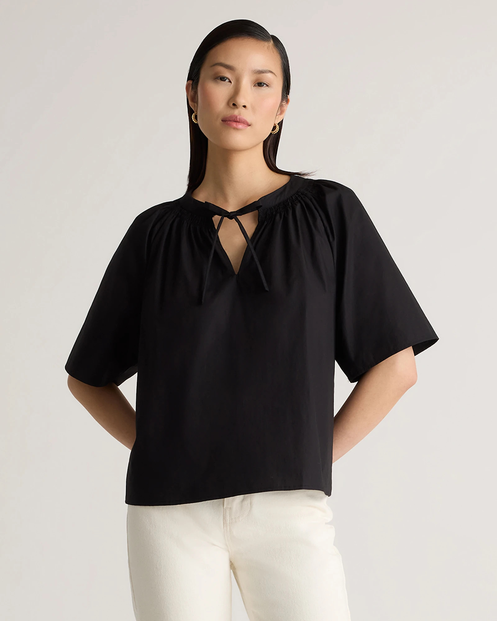 Quince | Women's Poplin Split Neck Top in Navy, Size Medium, Organic Cotton | Quince