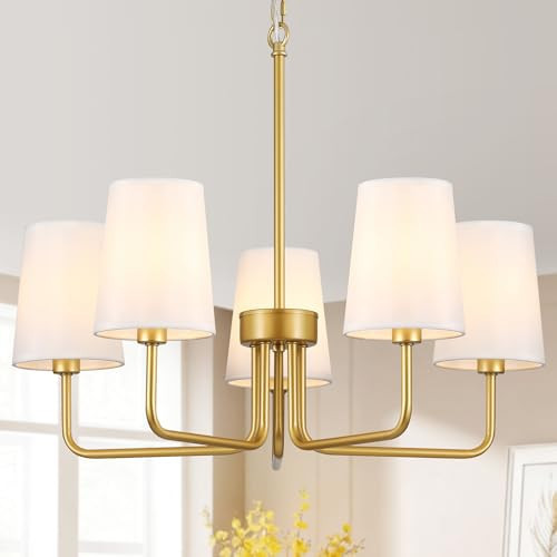 Modern Gold Chandelier Dining Room Light Fixture Over Table,5-Light Farmhouse Chandeliers for Dining Room with White Fabric Shade, Industrial Hanging Pendant Lights for Kitchen Bedroom Living Room | Amazon (US)