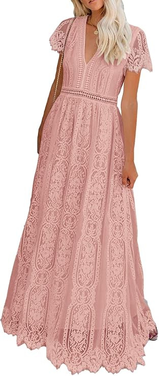 PRETTYGARDEN Women's Floral Lace Maxi Dress 2023 Short Sleeve V Neck Bridesmaid Wedding Evening P... | Amazon (US)