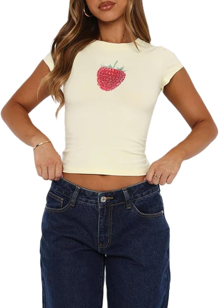 Y2k Baby Tees for Women Cute Olive Bowl Graphic Print Crop Tops Crew Neck Fruit Aesthetic Shirts ... | Amazon (US)