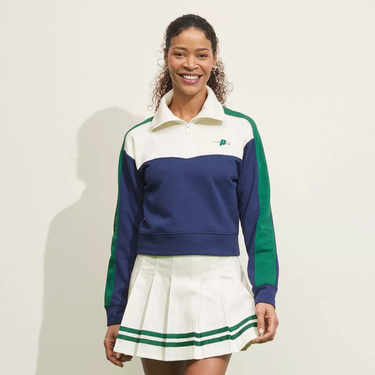 Prince Women's French Terry 1/4 Zip Pullover Sweatshirt - Navy Blue/Cream/Green | Target