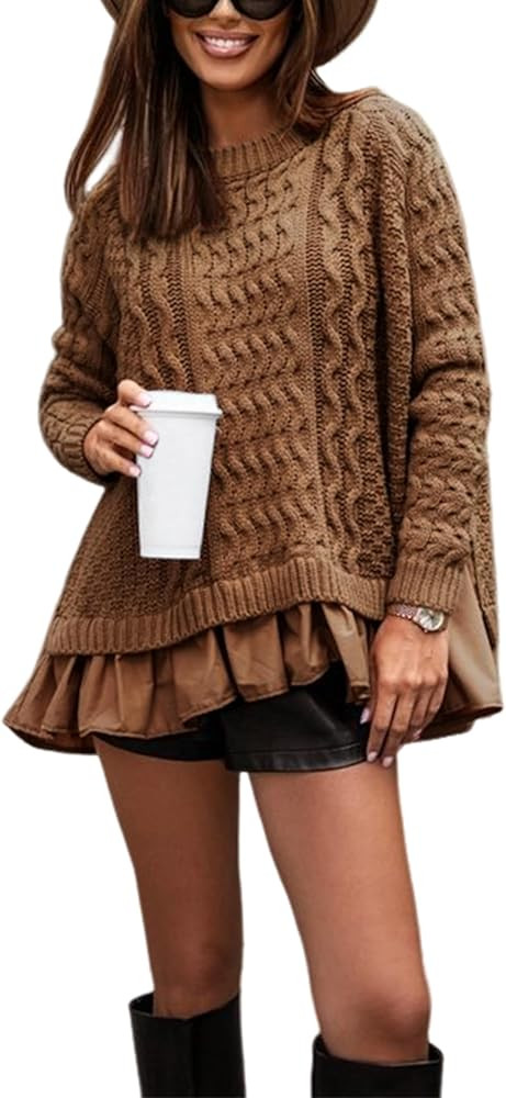 Women's Cable Knit Sweater Dress Ruffle Hem Mini Dresses Long Sleeves Twofer Style Tunic Knitted ... | Amazon (US)