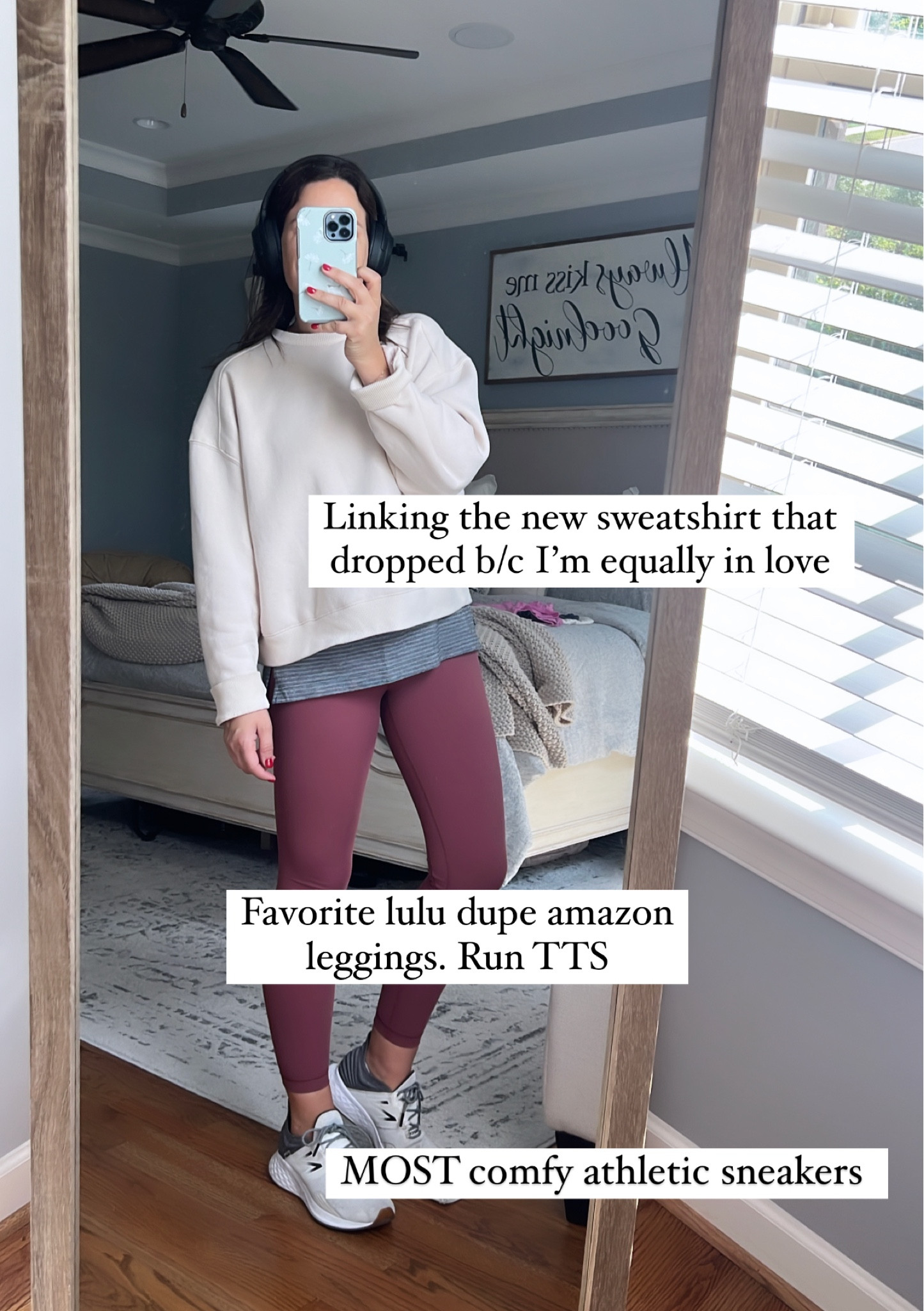 Small in leggings and sweatshirt. Sneakers run TTS! 