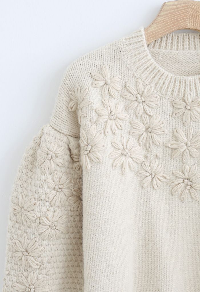 Flowers Stitched Puff Sleeves Knit Sweater | Chicwish