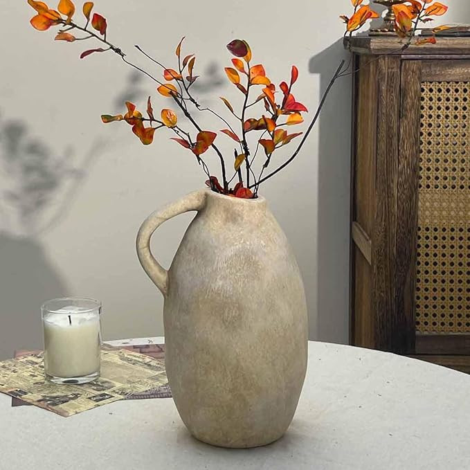 Vintage Handmade Ceramic Rustic Farmhouse Vase with Handle, Beige Terracotta Pottery Vase for Hom... | Amazon (US)