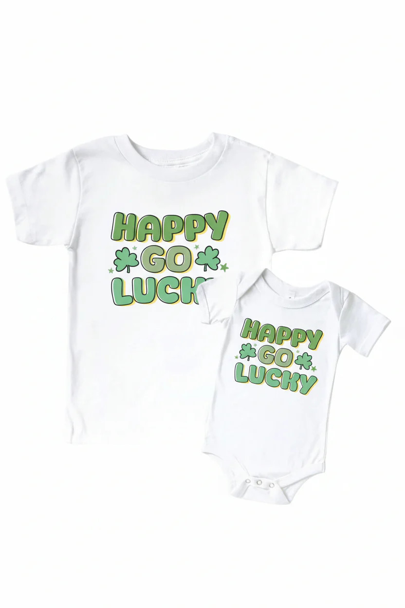 Happy Go Lucky Graphic Bodysuit & Kids Tee | White | Caden Lane