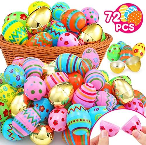 EZIGO 72 Pcs Plastic Easter Eggs Printed Bright Golden Eggs for Easter Basket Stuffers Fillers Empty | Amazon (US)