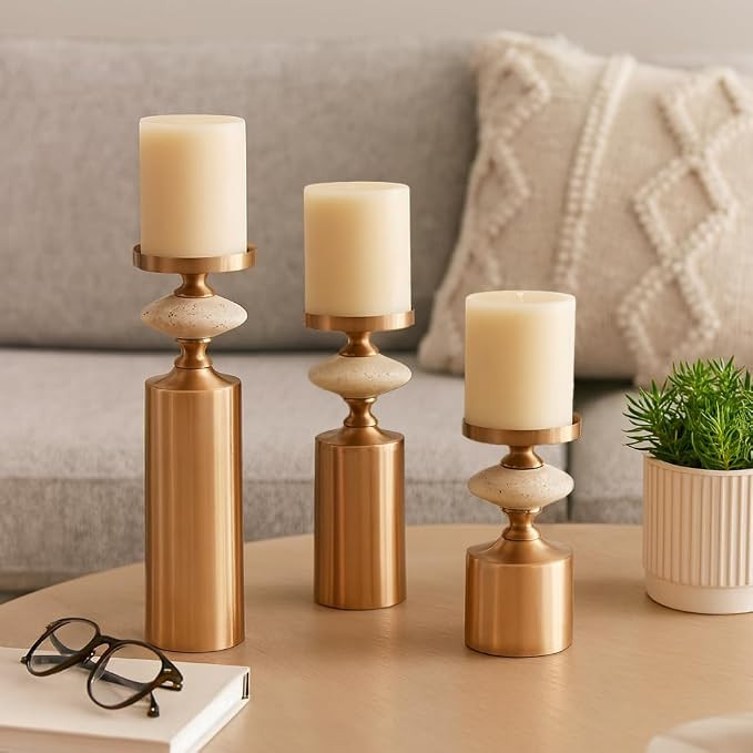 Decorative Pillar Candle Holders for Home Decor – Metal Set of Candlestick Holders for Centerpi... | Amazon (US)