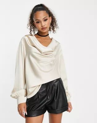 In The Style x Jac Jossa satin drape front shirt in cream | ASOS (Global)