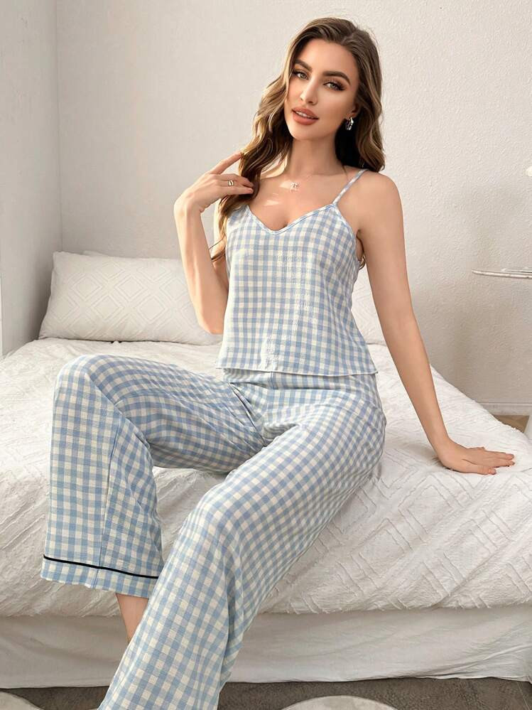 SHEIN V-Neck Plaid Camisole And Pants Pajama Set | SHEIN
