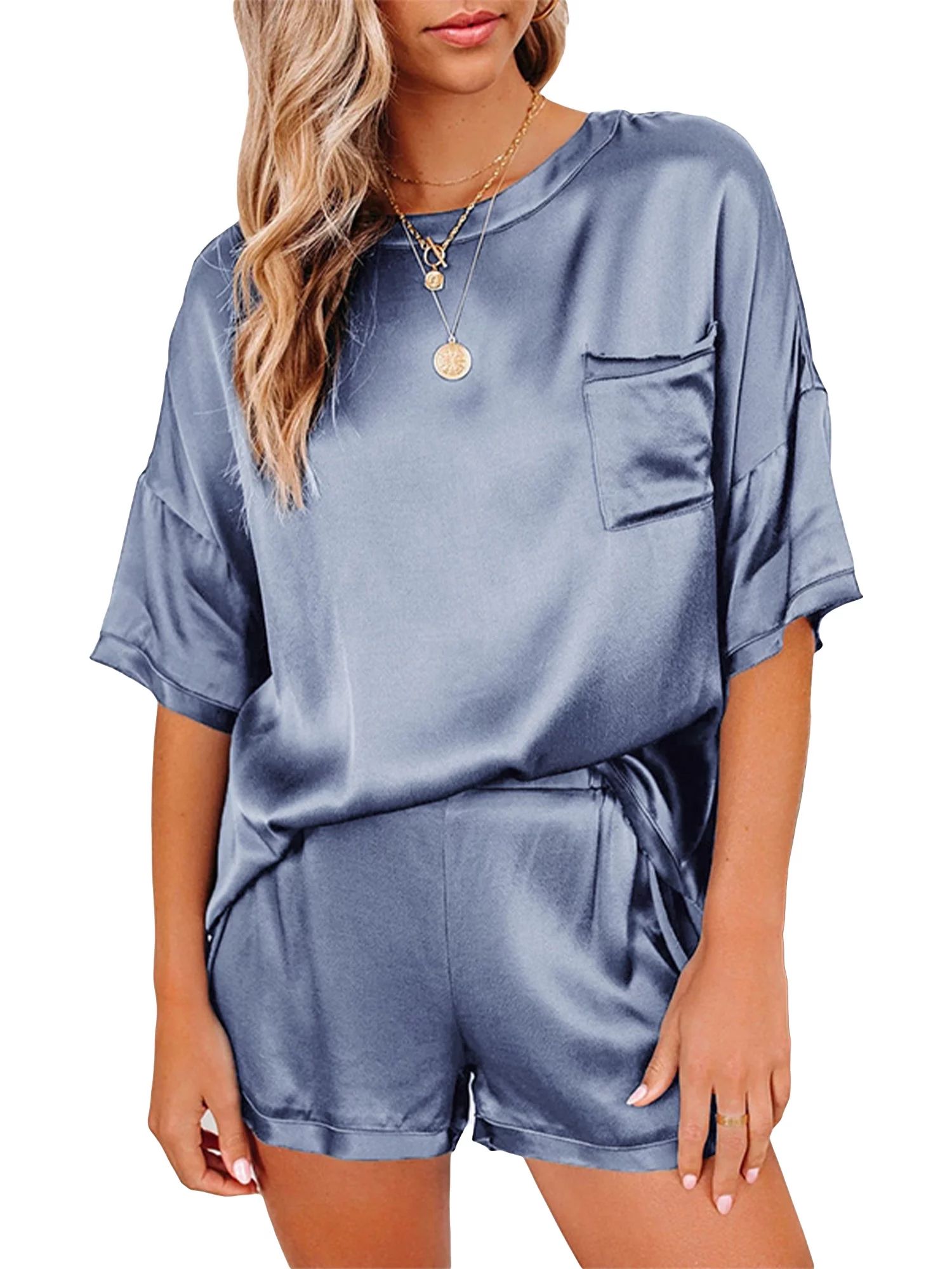 Avamo Ladies Short Sleeve Pajamas Set Joggers PJ Sets For Women Casual Satin Silk Nightwear Loung... | Walmart (US)