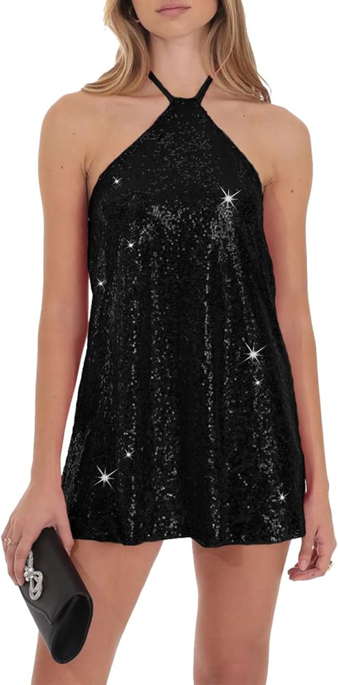 hibshaby Women's Glitter Sequin Dress Halter Neck Party Cocktail Sparkly Mini Dress Clubwear | Amazon (US)