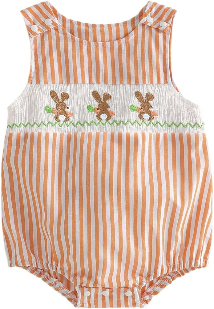 Newborn Baby Boy Easter Outfit Bunny Embroidery Sleeveless Smocked Bubble Romper Striped/Plaid Ov... | Amazon (US)