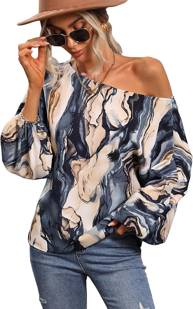 MakeMeChic Women's Casual Marble Print Off Shoulder Boat Neck Long Bishop Sleeve Blouse Shirts To... | Amazon (US)