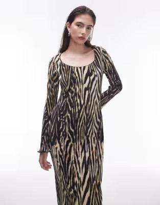 Topshop scoop neck plisse lettuce hem midi dress in mono zebra print | ASOS | ASOS (Global)