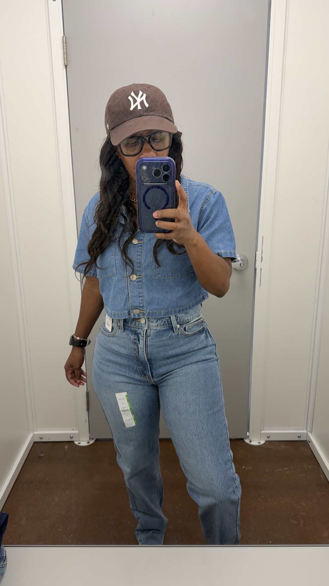Denim on denim outfit idea. I’m wearing a brown baseball hat, denim button up shirt, and medium washed high rise straight leg jeans

#LTKootd #LTKOver40 #LTKPetite