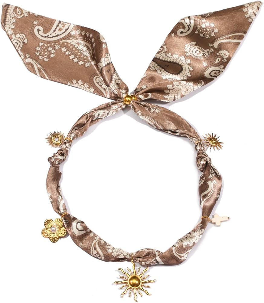 Scarf Necklace With Charm Bandana Necklace Dainty Gold Charm with Vintage,Flower Pendants,Sun,Chr... | Amazon (US)