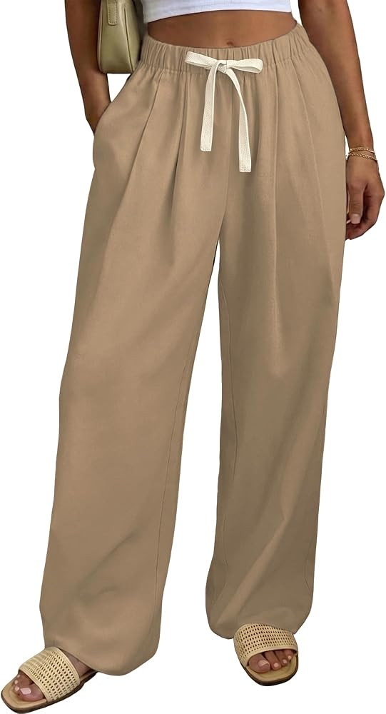 Bsubseach Women Linen Cotton Palazzo Wide Leg Casual Pants with Pockets | Amazon (US)