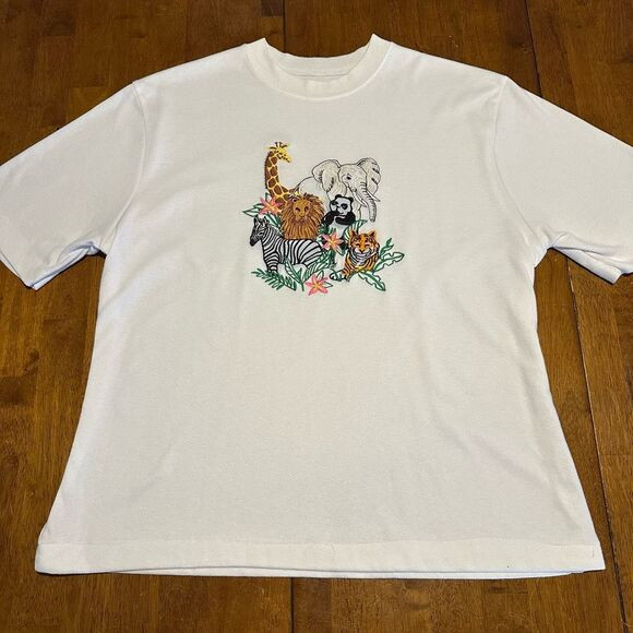 Vintage Womens T Shirt Embroidered Jungle Animals White Cotton Size M | Poshmark