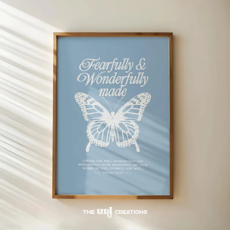 Christian Wall Art Light Blue, Fearfully Wonderfully Made Print, Boho Butterfly Prints, Printable... | Etsy (US)