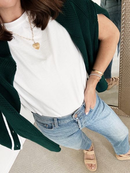 Casual lunch outfit! Size small in the white tee, 27 in the Mother jeans and Varley cardigan size xs. 

#LTKfindsunder100 #LTKstyletip #LTKover40