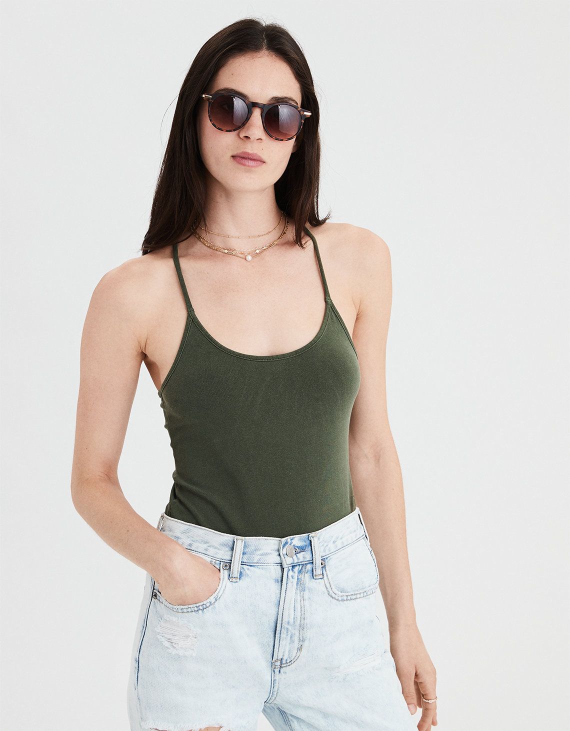 AE Ribbed Lace Up Back Bodysuit, Olive | American Eagle Outfitters (US & CA)