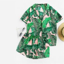Palm Leaf Print Shirt & Shorts PJ Set | SHEIN