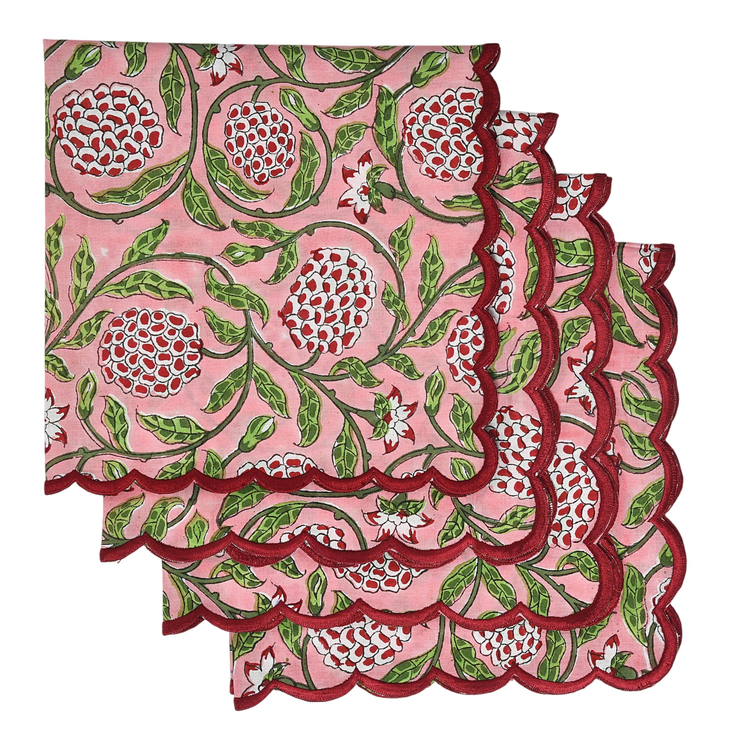 Ridhi Hand Block Print Strawberry Pink 18" x 18" (Set of 4) Embroidery Table Napkins Reusable Cotton Dinner Napkins for Weddings, Parties, Everyday Dining Gift for Spring, Easter, Valentine | Amazon (US)