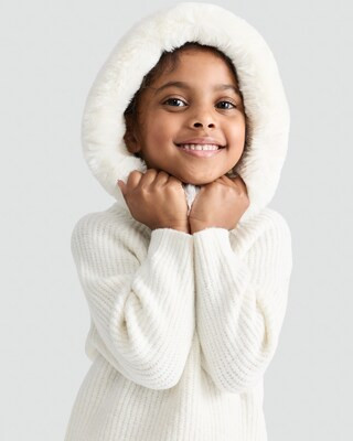 F&F Girls Knitted Ribbed Faux Fur Hoodie and Trousers Set in Cream | Tesco F&F