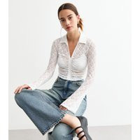 Women's Off White Ruched Lace Zip Through Shirt New Look | New Look (UK)