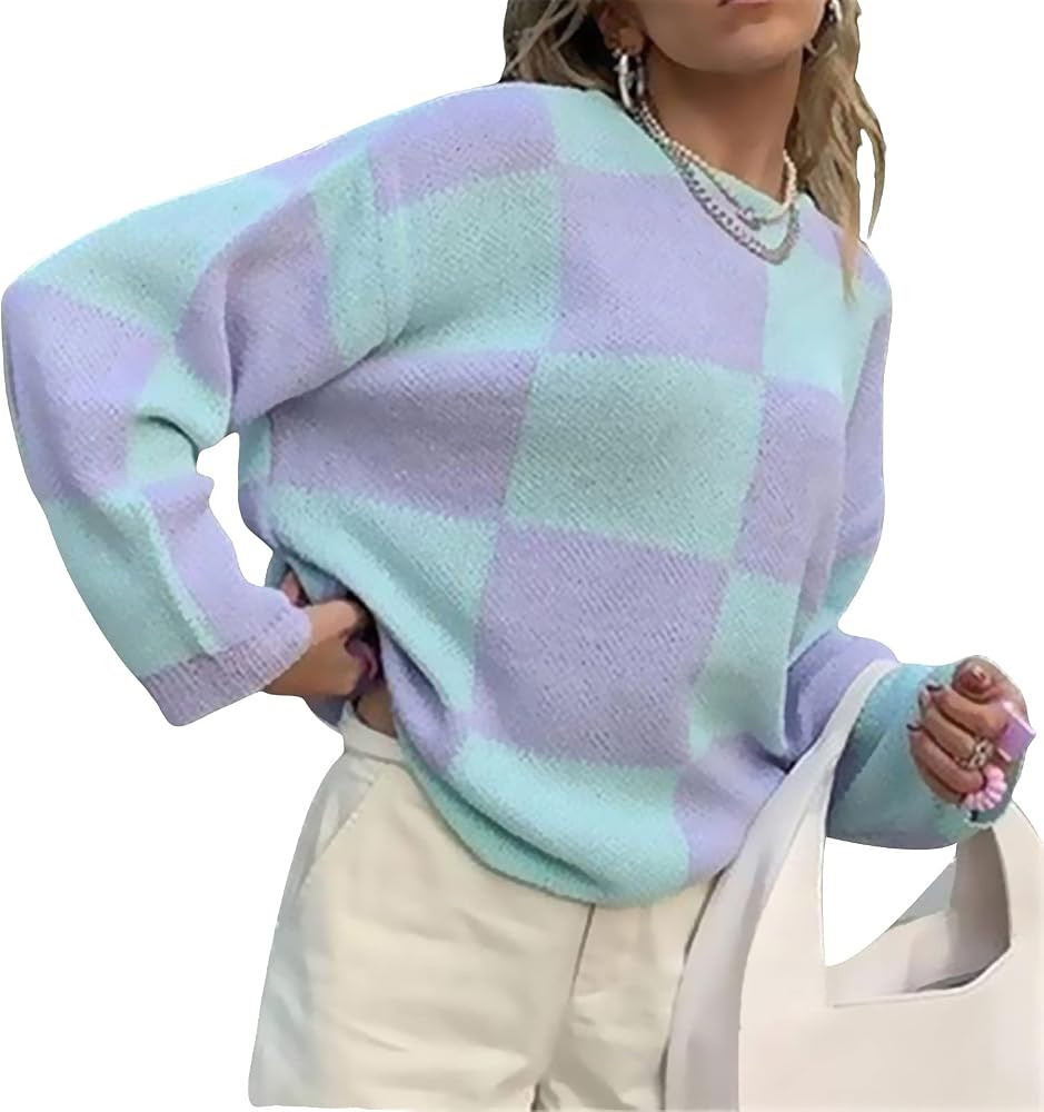 Women Girls Print Y2K Knit Sweater Long Sleeve Floral Cartoon Pattern Knitwear Pullovers 90s Fash... | Amazon (US)