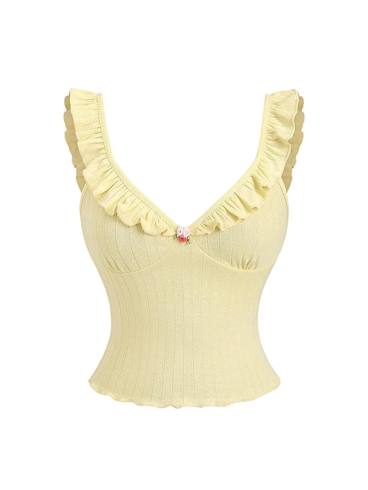 MakeMeChic Women's 3D Flower Ruffle Sleeve Cami Crop Tops Lettuce Trim Fitted Summer Tank Shirt | Amazon (US)