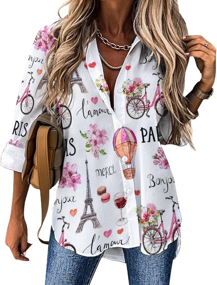 Women's Button Down Shirt Casual Long Sleeve Loose Fit Shirts Tops Fashion V Neck Blouse | Amazon (US)