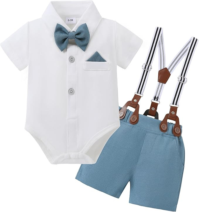DISAUR Baby Boy Clothes Suits,Infant Gentleman Outfits Short Sleeves Romper +BowTie + Suspender P... | Amazon (US)